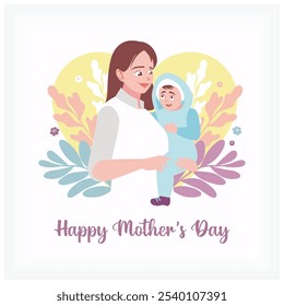 A mother holds a baby boy. Background of leaves and heart shape. Mother's Day concept. Flat vector illustration.