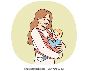 Mother holds baby in carrier sling and smiles, taking care of son and using comfortable babywearing. Caring happy woman with newborn, recommends purchasing sling for young mothers.