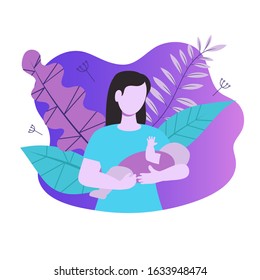 Mother holds baby in her arms. Design for childhood, motherhood, parenthood. Vector illustration.