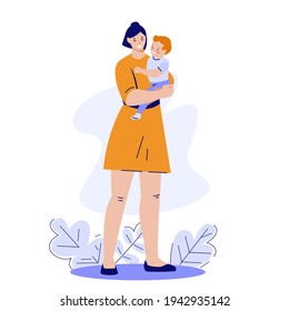 The mother holds the baby in her arms. Happy healthy motherhood concept. Vector illustration in flat style.