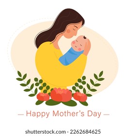 Mother holds the baby in her arms. Happy Mother's Day vector card design. Vector illustration