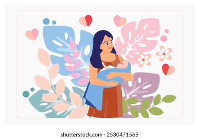 A mother holds a baby in her arms. With a background of flowers, leaves, and heart shapes. Mother's Day concept. Flat vector illustration.