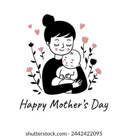 Mother holds baby. Mother's Day greeting card. Simple black and white doodle illustration. Template for greeting card, print, poster, sticker.