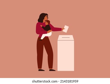 Mother holds baby putting election ballot into box on voting station. Woman with child go vote. Vector illustration