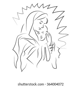 Mother holds a child. Madonna with her son, Mother holds her baby in her arms, black - white illustration. Christian religion.