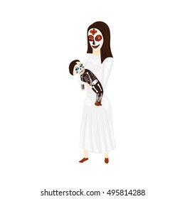Mother holds a child on the Mexican holiday Day of the Dead or Halloween painted into a skeleton with flowers isolated on white background