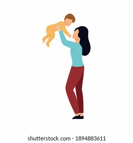 The mother holds the child over . The mother and the child. Vector flat illustration on the topic of parenting.