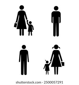 The mother holds the child's hand, the father stands at a distance from them. Vector black icons with people on the theme of family and divorce