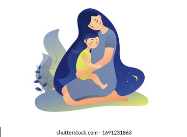 Mother holds cute daughter on her lap. Hair envelops them like night. Mom soothes and comforts little daughter. Vector illustration.