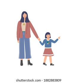 Mother holds daughter hand. Mom and kid walking. Girl pointing. Flat style vector illustration.