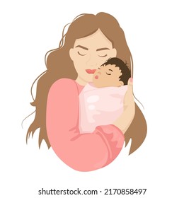 Mother holds her baby girl in arms. Vector illustration of motherhood and care about kids