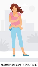 Mother holds her child. The child sits in a ergonomic baby carrier. Vector illustration