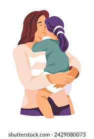 Mother holds her daughter in her arms, pressing their faces together with closed eyes. Vector illustration in flat style. Isolated on white background.