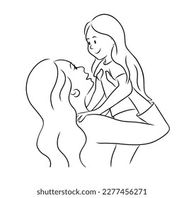 Mother holds her daughter. Mom with child. Motherhood concept. International Mother’s Day. Vector contour illustration in sketch hand drawn style