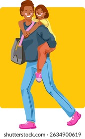 Mother holds her daughter on her back. Vector illustration. Ideal for a poster, postcard or banner.