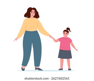 A mãe segura a mão da filha, olha com amor e carinho. A mulher e a menina estão caminhando. Gráficos simples vetoriais.