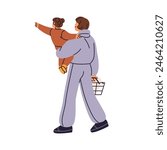 Mother holds her kid on hands while shopping in grocery store. Buyer carries goods basket, choose food back view. Customer buys foodstuffs in supermarket. Flat isolated vector illustration on white
