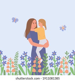 A mother holds her little daughter in her arms. A young woman embraces a child surrounded by flowers. Mothers Day greeting card template.