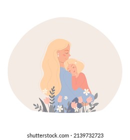 Mother holds her little daughter in her arms.Young woman embraces child surrounded by flowers. Mothers Day greeting card template.