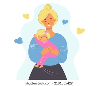 A mother holds her little daughter in her arms. A young Ukrainian woman hugs a child. Mother's Day greeting card template. Parent showing love and care vector isolated illustration. Cartoon flat style