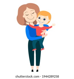 A mother holds her son in her arms. This is a young child, possibly a schoolboy or preschooler. The woman and the child are happy, they smile. Illustration for Mother's Day, National Sons Day. 