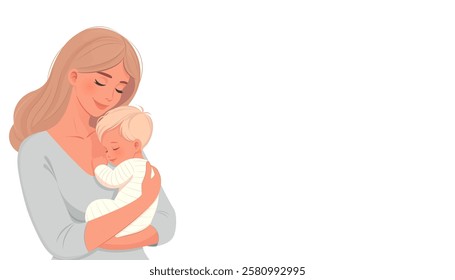 Mother holds her son in her arms. Mother's Day or March 8 concept, love for children.