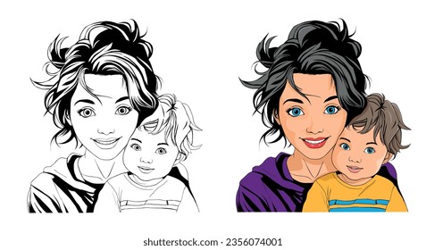 Mother holds her son, and hugs him, mother and her toddler son on white background.