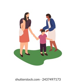 Mother holds her sons hand. Woman with boy meeting friend during walk in park. People communicate, talk outdoor. Parent and child stand on grass. Flat isolated vector illustration on white background