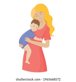 A mother holds her young son in her arms. Mom hugs a small child. The parent shows love and care. Colorful cartoon characters. Vector illustration