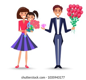 Mother holds little daughter with gerberas and father in tuxedo with big bouquet of roses and pink diamond isolated vector illustration. Women's day