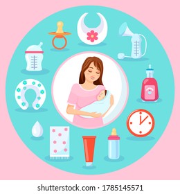 Mother Holds Newborn Baby In Her Arms, Surrounded By Children`s Hygiene And Feeding Items. Baby Supplies For Newborns. Motherhood And Infancy. Caring For A Baby. Useful Items When Breastfeeding A Baby