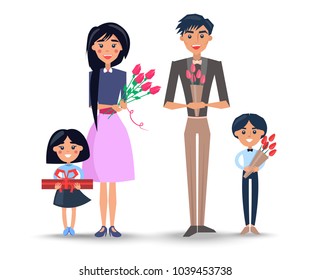 Mother holds pink roses, father and son bouquets of tulips and daughter big gift box with bow vector illustration isolated on white