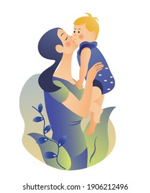 Mother holds a small child in her arms, a woman kisses her son, lifts him up and smiles, happy mother and child.Vector illustration.