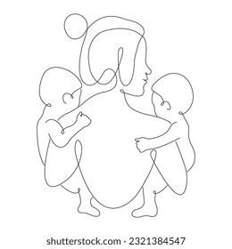 Mother holds two children in her arms in a minimalist style. Design for pictures, family planning center, mother and child clinic logo, tattoo, medicine, care, poster, banner, postcard. Isolated vecor