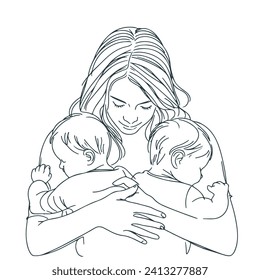 Mother holds two children in her arms in a minimalist style. Design for pictures, family planning center, mother and child clinic logo, tattoo, medicine, care, poster, banner, postcard. Isolated vecor