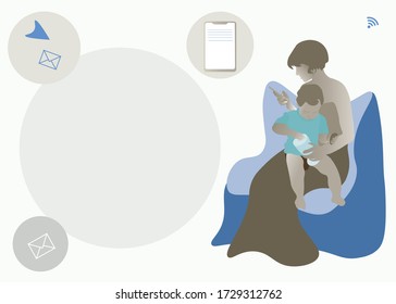 Mother Home Office Banner. Mom At Work Illustration. Busy Mum Whith Kid. Woman With Child Freelance. Remote Work With Baby.