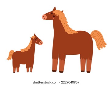 Mother horse with her baby foal. Cute mom and her child animal characters. Mother Day print for kids. Vector illustration