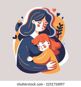 mother hug  baby child on floral background, happy mother's day vector flat style illustration, I love you mommy