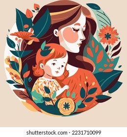 mother hug  baby child on floral background, happy mother's day vector flat style illustration, I love you mommy