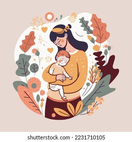 mother hug  baby child on floral background, happy mother's day vector flat style illustration, I love you mommy