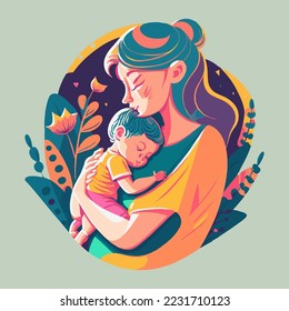 madre abraza a bebé en un fondo floral, feliz día de la madre vector ilustración de estilo plano, te amo mamá