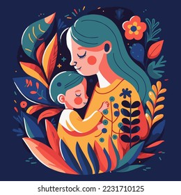 mother hug  baby child on floral background, happy mother's day vector flat style illustration, I love you mommy