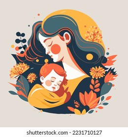 mother hug  baby child on floral background, happy mother's day vector flat style illustration, I love you mommy