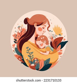 madre abraza a bebé en un fondo floral, feliz día de la madre vector ilustración de estilo plano, te amo mamá