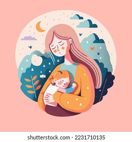 mother hug  baby child on floral background, happy mother's day vector flat style illustration, I love you mommy