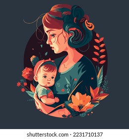 mother hug  baby child on floral background, happy mother's day vector flat style illustration, I love you mommy