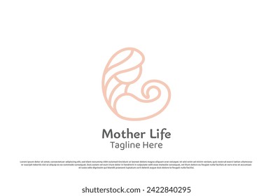 Mother hug baby logo design illustration. Mother woman girl people beauty support care embracing baby son child childhood moment. Minimal simple icon symbol warmth peace happiness grateful family.