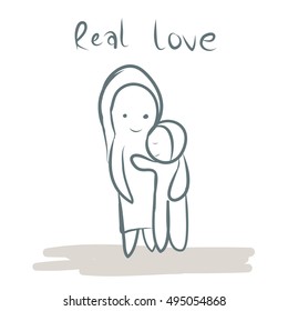 mother hug children hand drawn with word real love vector