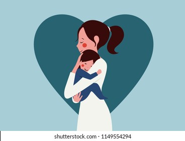 mother hug daughter flat character design