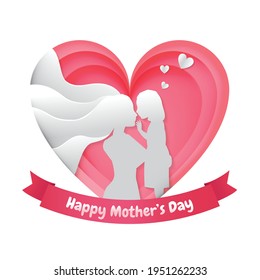 Mother hug her daughter silhouette paper cut style. Happy mother's day celebration.